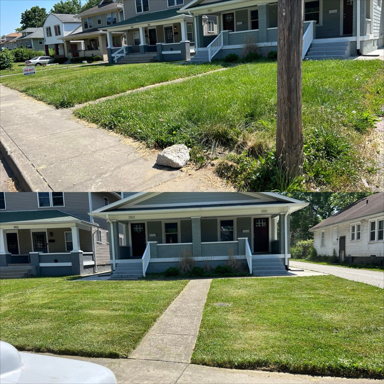 A collage of three pictures of a row of houses