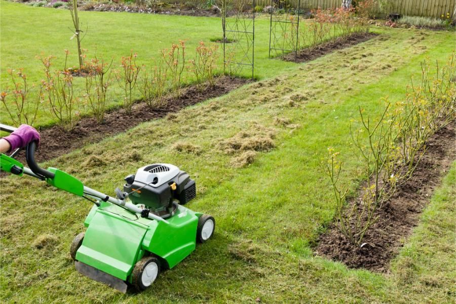 A person is mowing a lush green lawn with a green lawn mower.