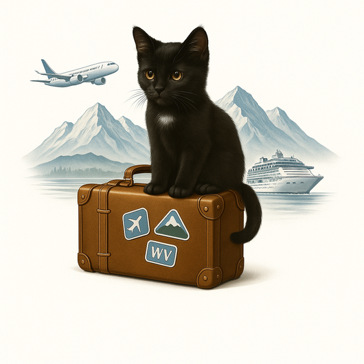 Black cat sits on a suitcase with travel stickers; plane, mountains, and cruise ship in the background.