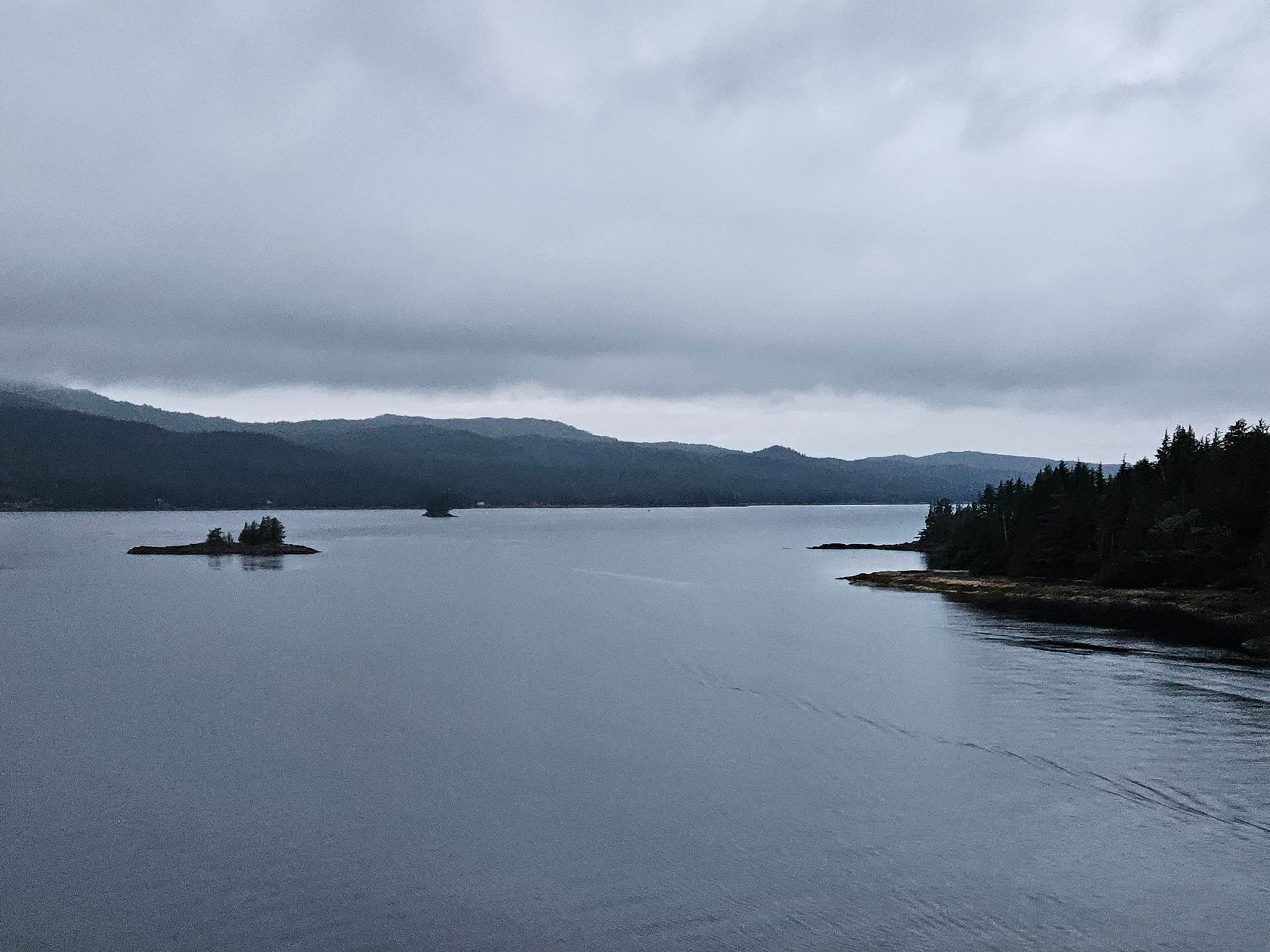 Overcast sky above calm water, a small island, and tree-lined shores.