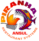 The logo for piranha restaurant systems shows a fish with a flame in its mouth.
