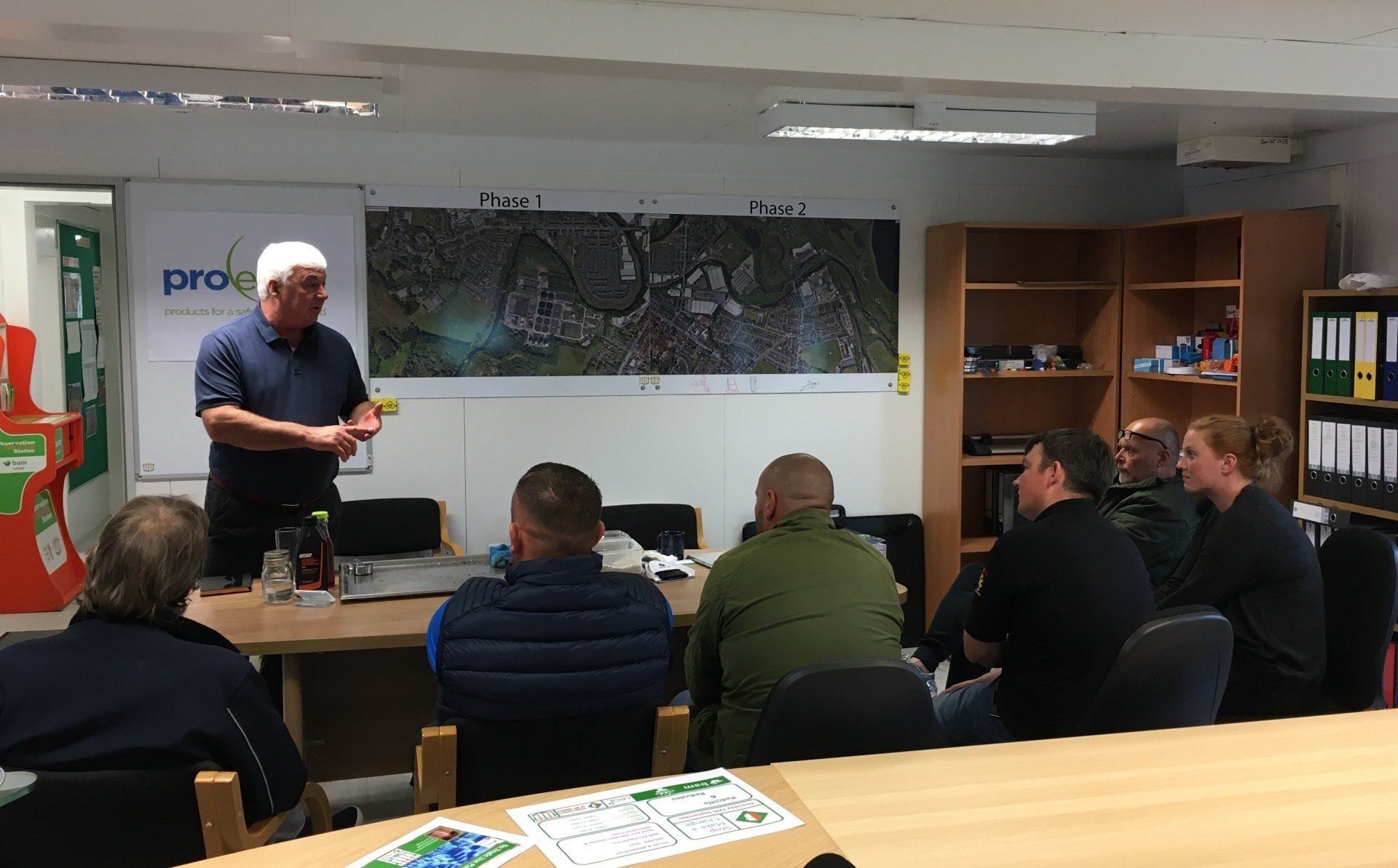 Nick Addison presenting to Bam Nuttall at the multi-million pound Environment Agency flood defence scheme in Radcliffe and Redvales, Bury.