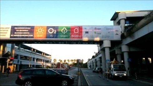 Cartello stradale con icone colorate: sole, aria, albero, casa. Auto ed edifici sottostanti.