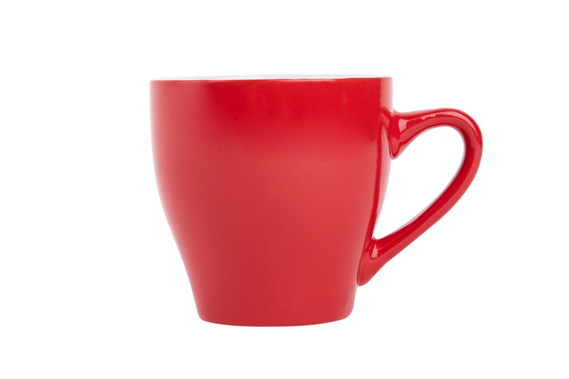 A red mug with a heart shaped handle on a white background