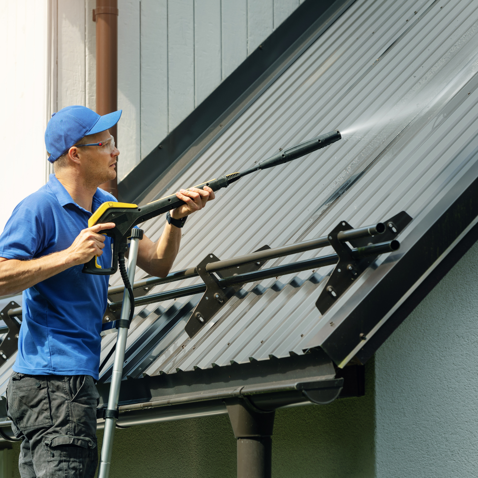 Man pressure washing a metal roof.