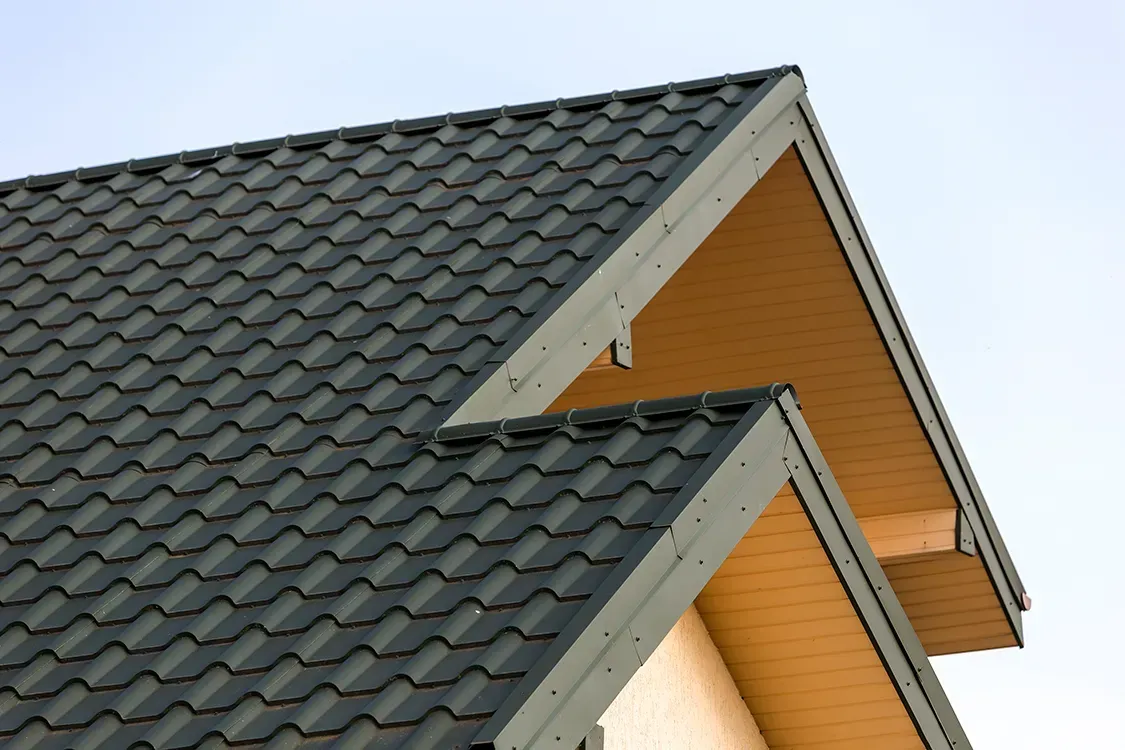 Dark gray metal roof on a light-colored wooden building against a pale blue sky.