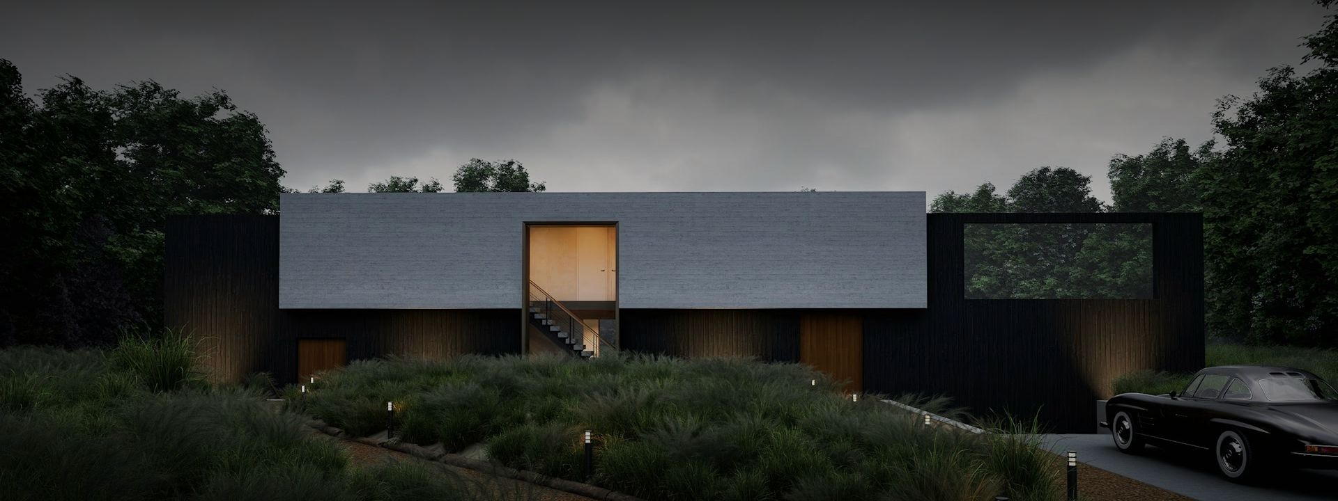 Modern home with concrete roof, black walls, and lit interior. A car is parked on the right. Overcast sky.