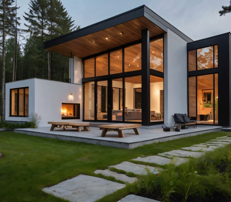 Modern white house with floor-to-ceiling windows, wooden accents, and a patio with a fireplace, surrounded by trees.