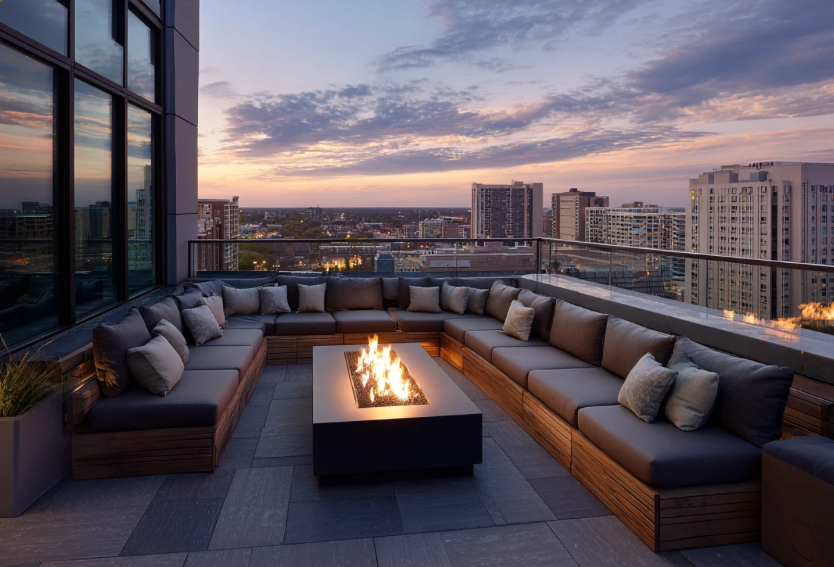 Rooftop lounge with gray sectional seating, lit fire pit, and city skyline at sunset.