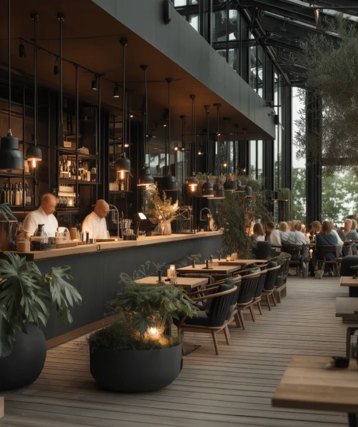 Interior of a modern restaurant: bar with chefs, tables, and plants, with tall windows overlooking trees.