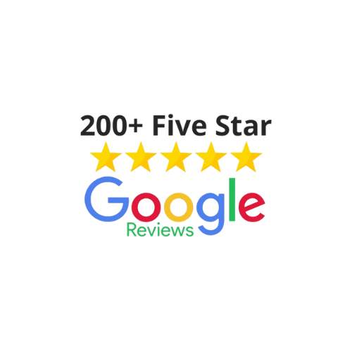 200+ Five Star Google Reviews logo, featuring five gold stars and Google's colors.