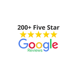 200+ Five Star Google Reviews logo, featuring five gold stars and Google's colors.
