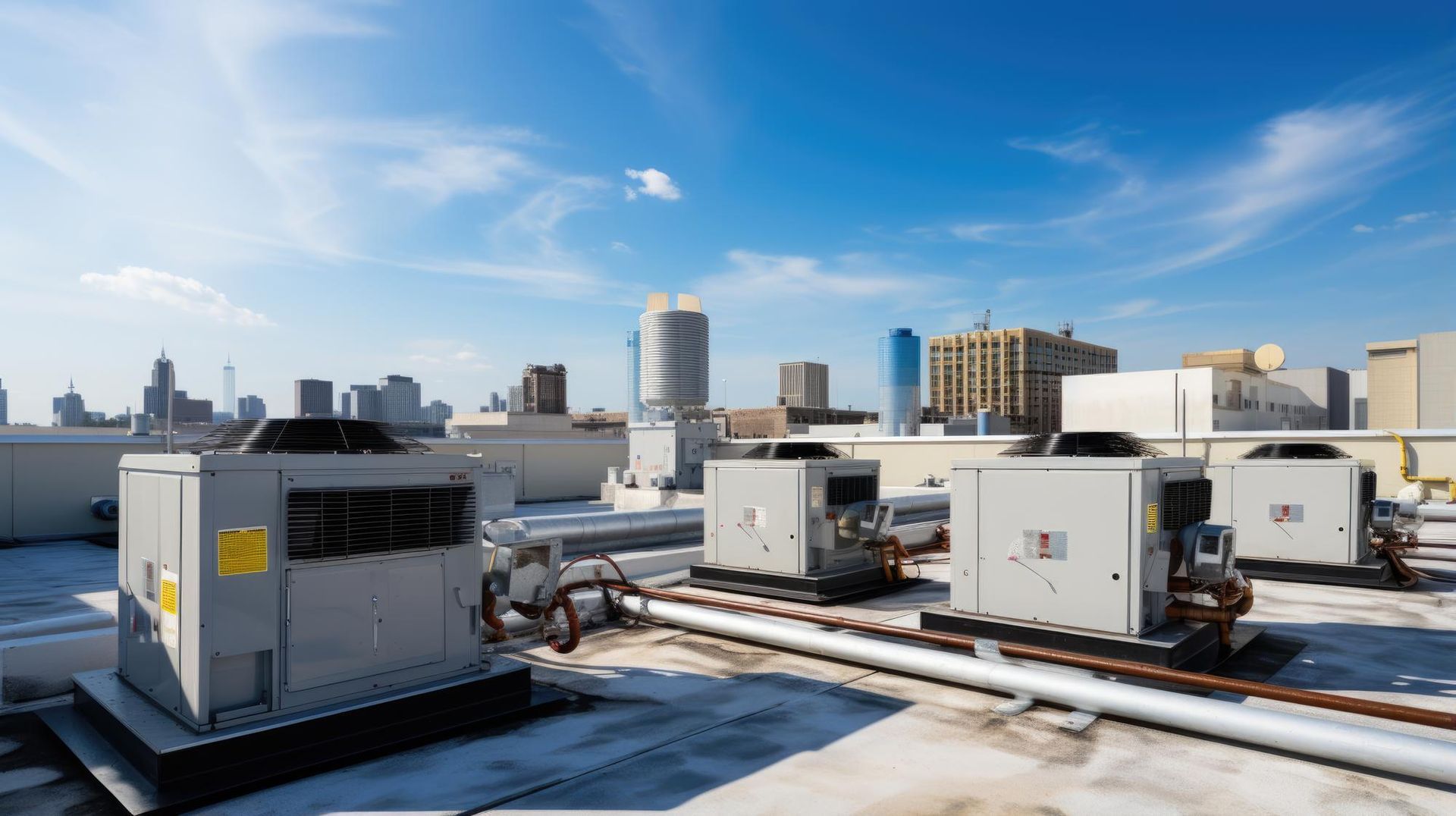 Rooftop with air conditioning units and a city skyline under a blue sky.