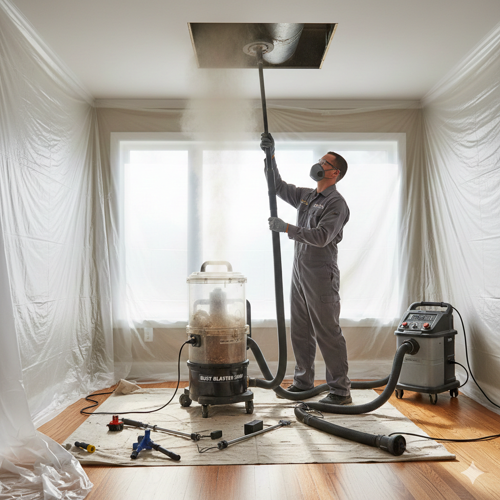 Man in protective gear vacuums ceiling insulation in a room covered with plastic sheeting.