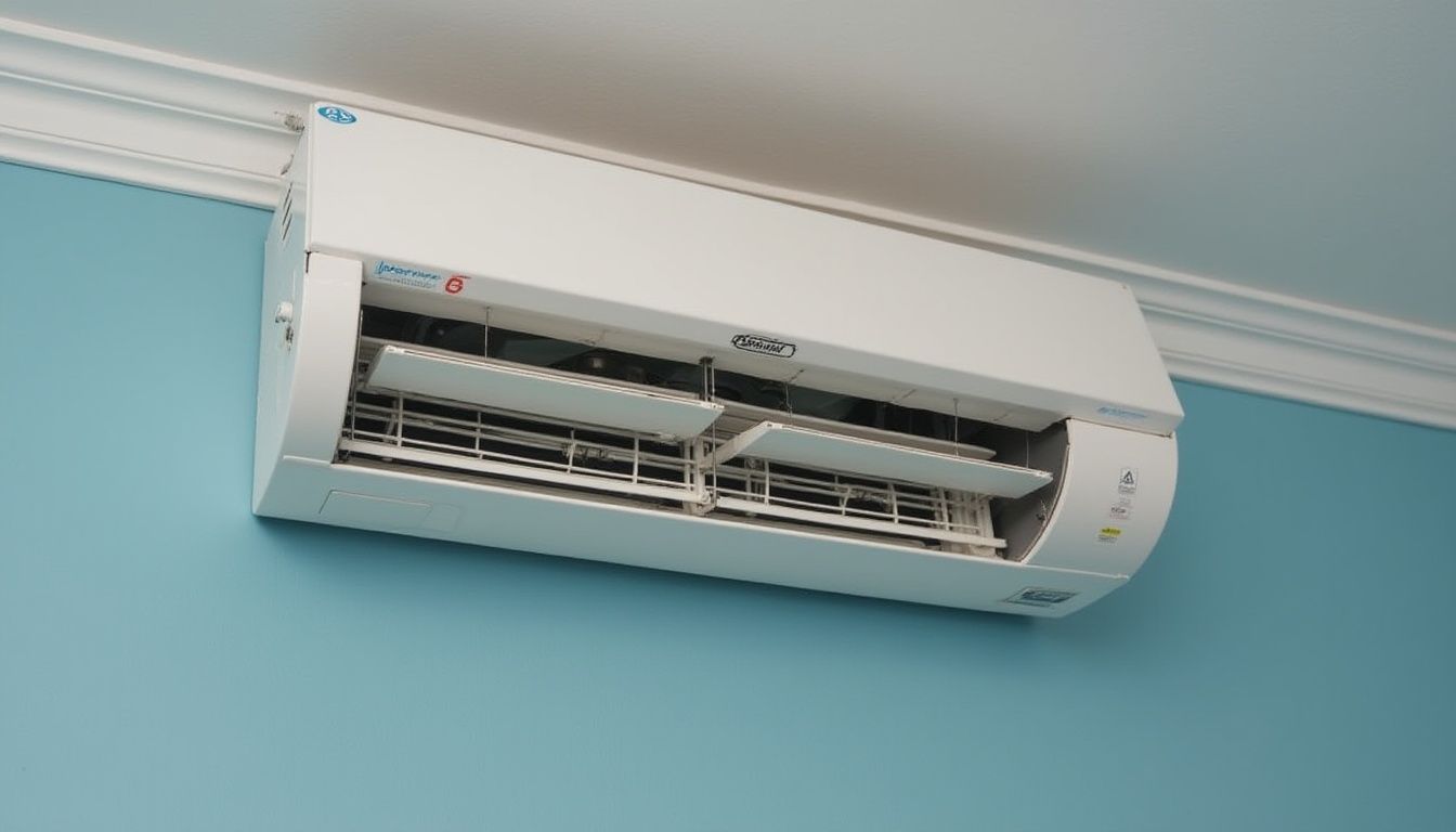 White air conditioning unit mounted on a light blue wall.