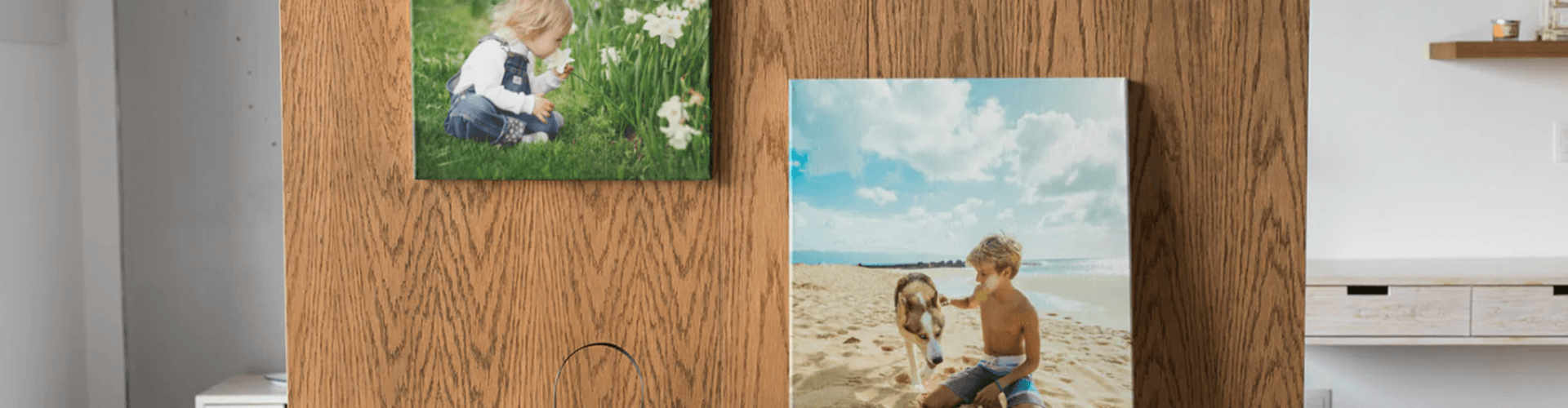 Two canvases are hanging on a wall in a living room.