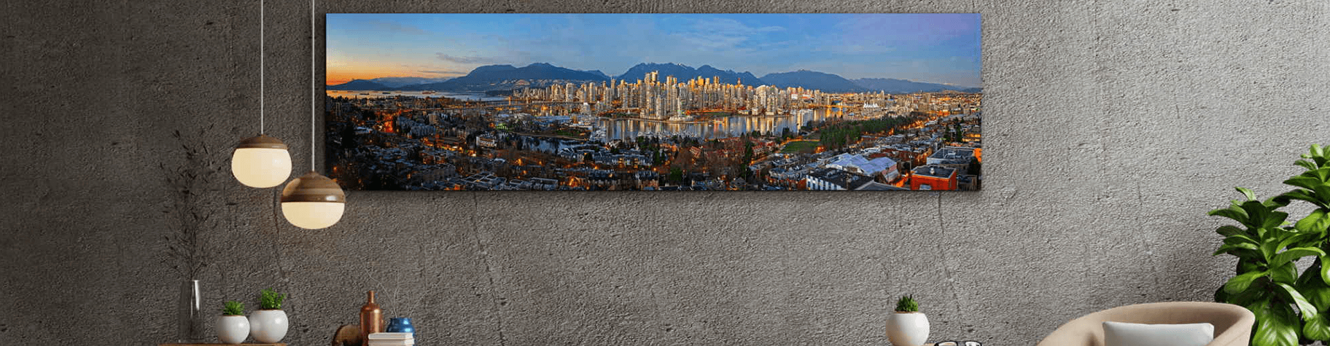 A living room with a large painting of a city on the wall.