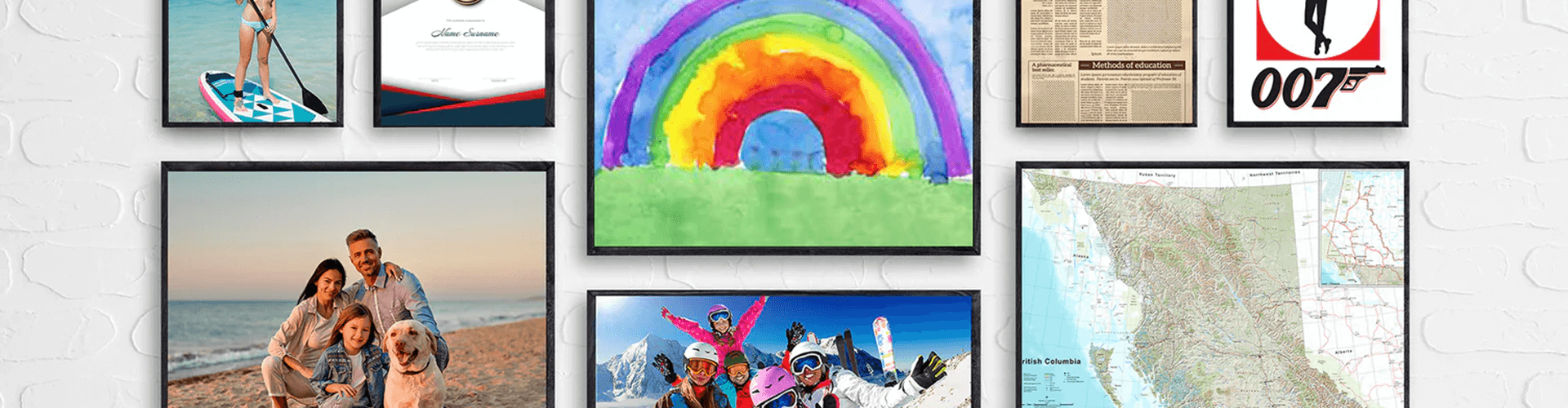 A collage of pictures hanging on a white brick wall.