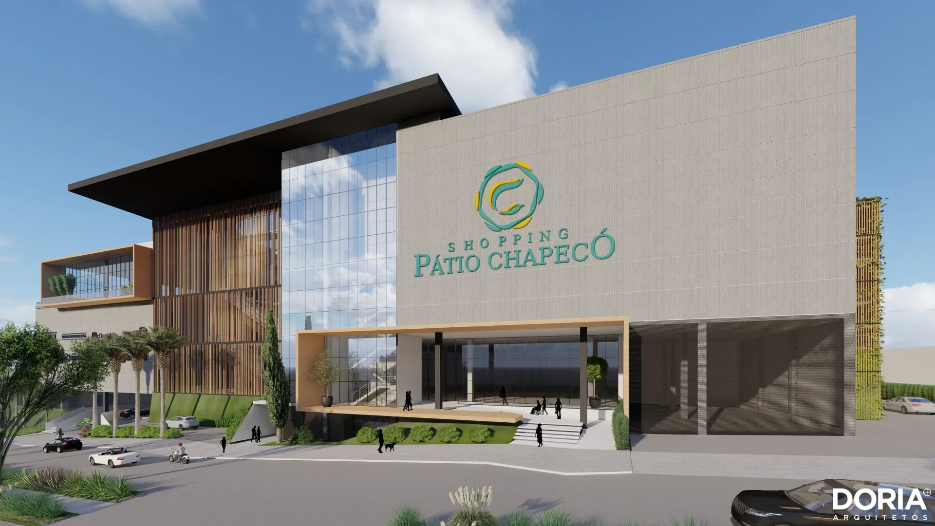 Exterior de um centro comercial com fachada moderna e pessoas se aproximando da entrada.