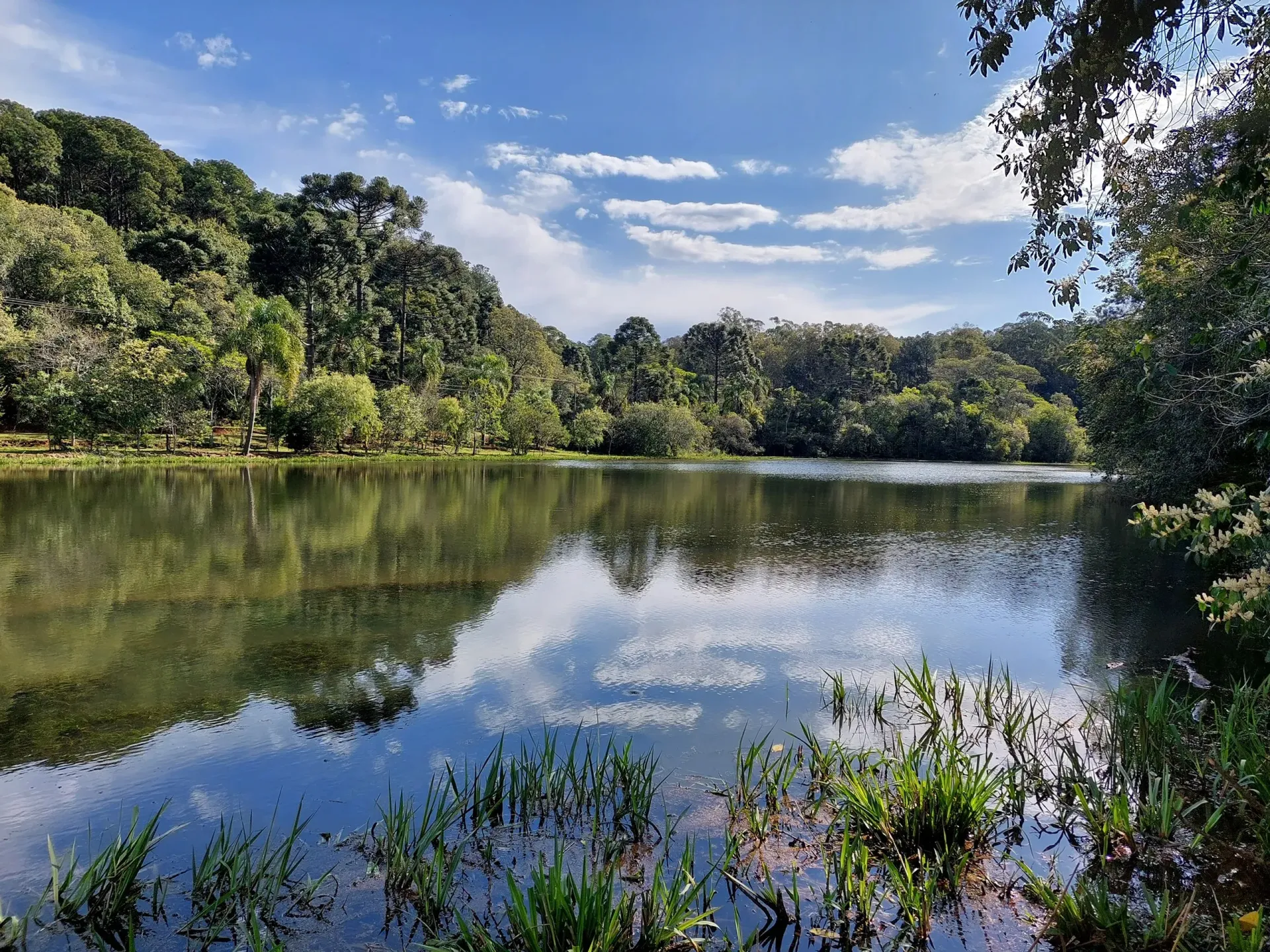 O lago, rodeado por árvores verdejantes, reflete o céu parcialmente nublado.