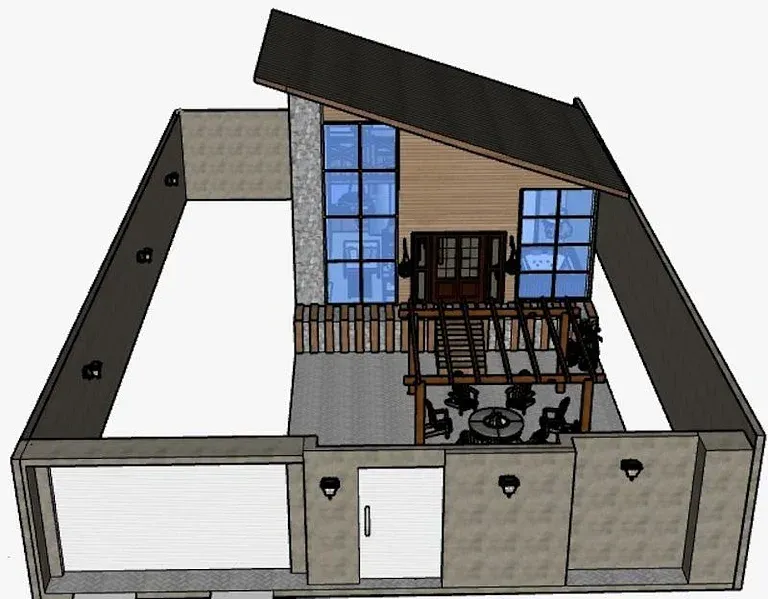 Maquete arquitetônica isométrica de um edifício moderno com telhado inclinado, garagem e área de estar externa.
