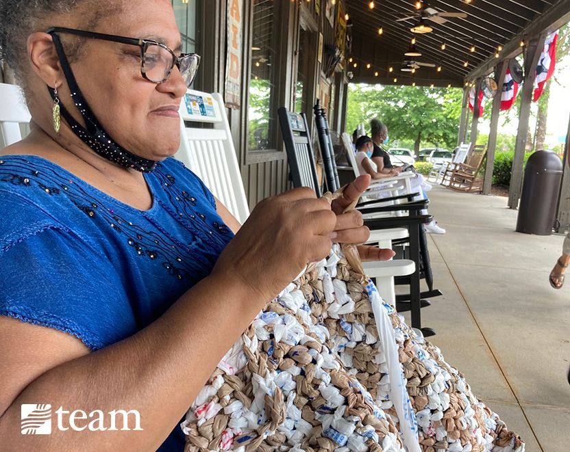 Marj was able to show Christ’s love by crocheting simple mats for people in the local homeless community. 