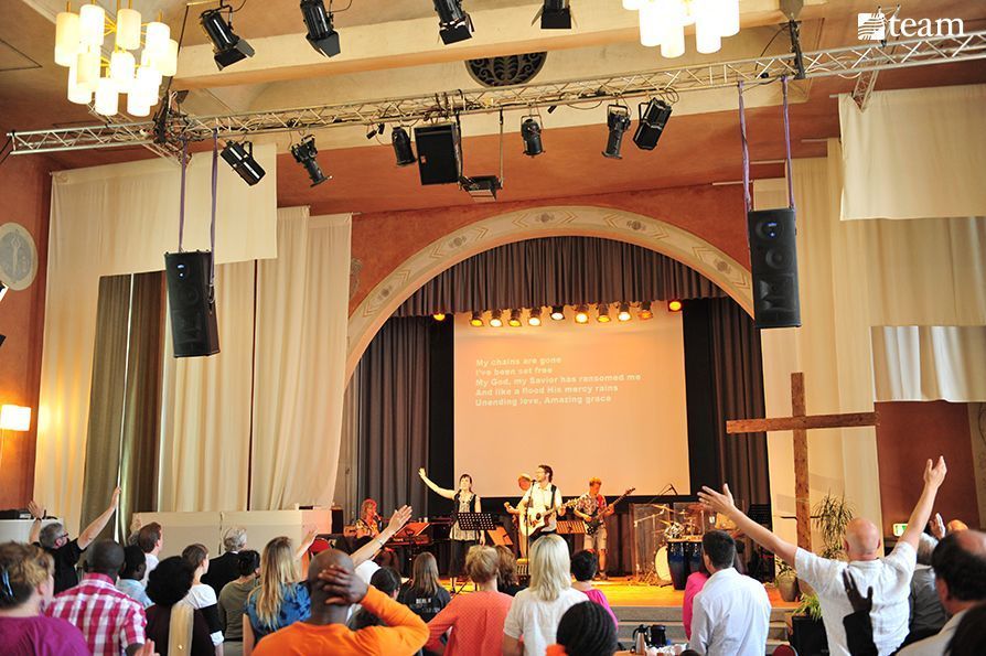 Worship during a church service.