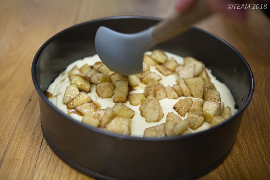 One of the last steps is coating the apples in cinnamon and sugar and spreading them across the top of the torte.