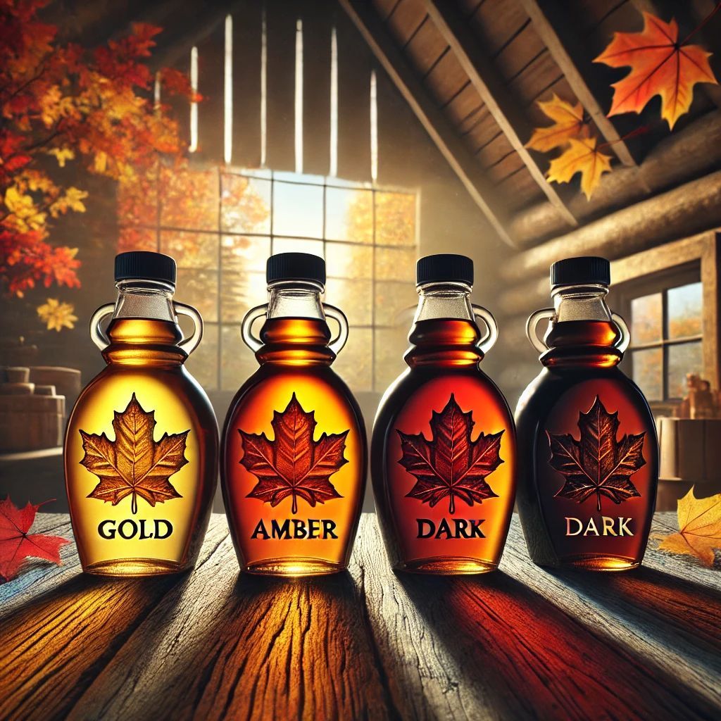 Several bottles of different maple syrup grades lined up.