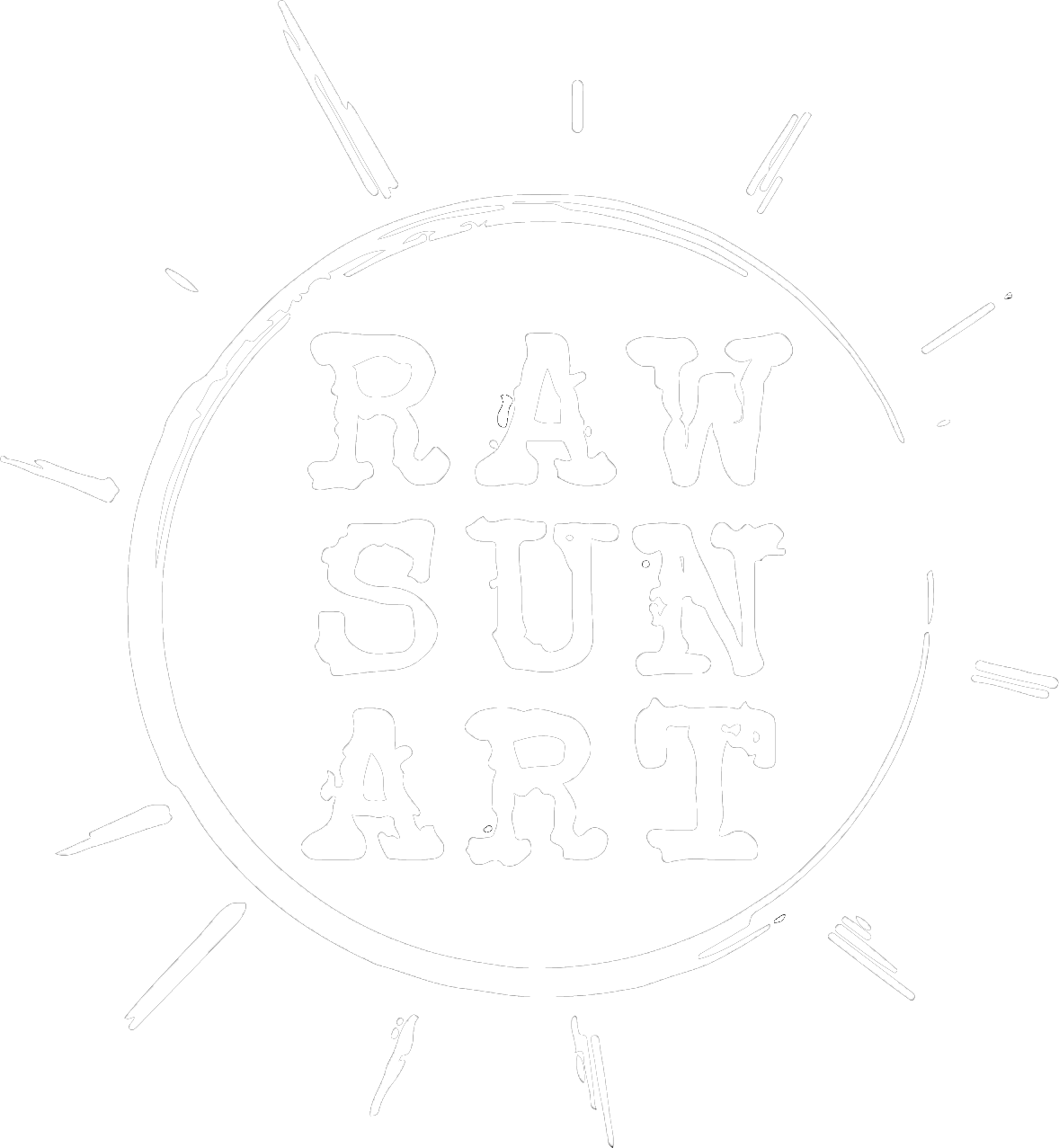 A black and white logo for raw sun art with a sun in the middle.