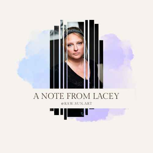 A woman is standing in front of a building with the words `` a note from lacey '' written on it.