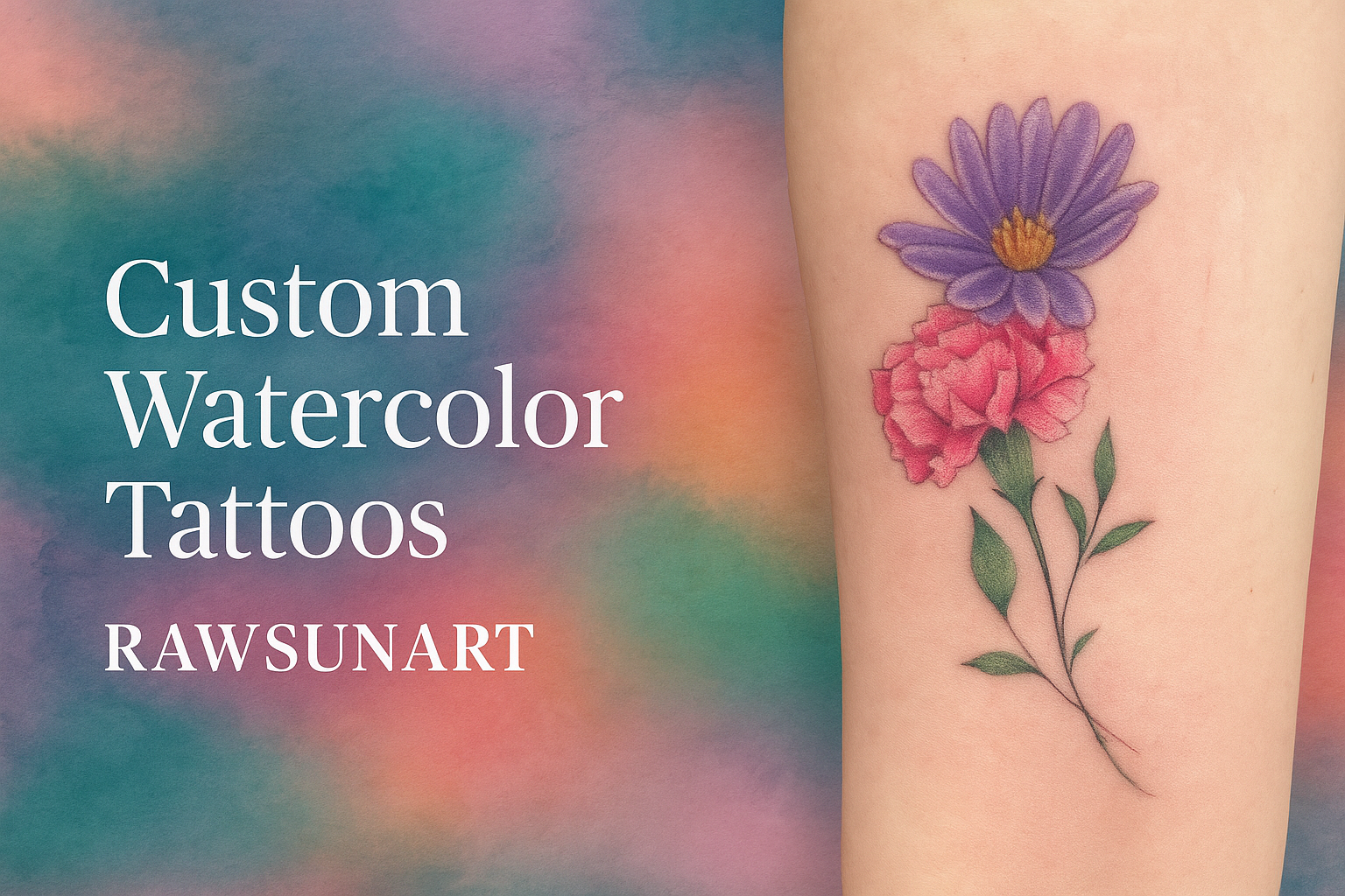 Custom watercolor tattoos advertisement. Arm with purple and pink floral tattoo.