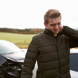 a man in a green jacket is standing in front of a damaged car with whiplash from auto accident