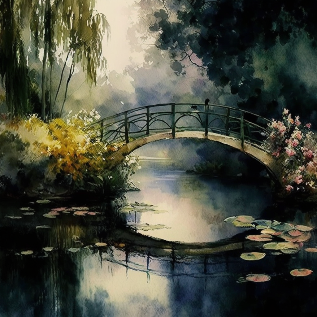 A painting of a bridge over a body of water.