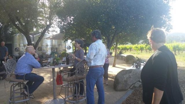 A group of people are standing around tables in a vineyard.