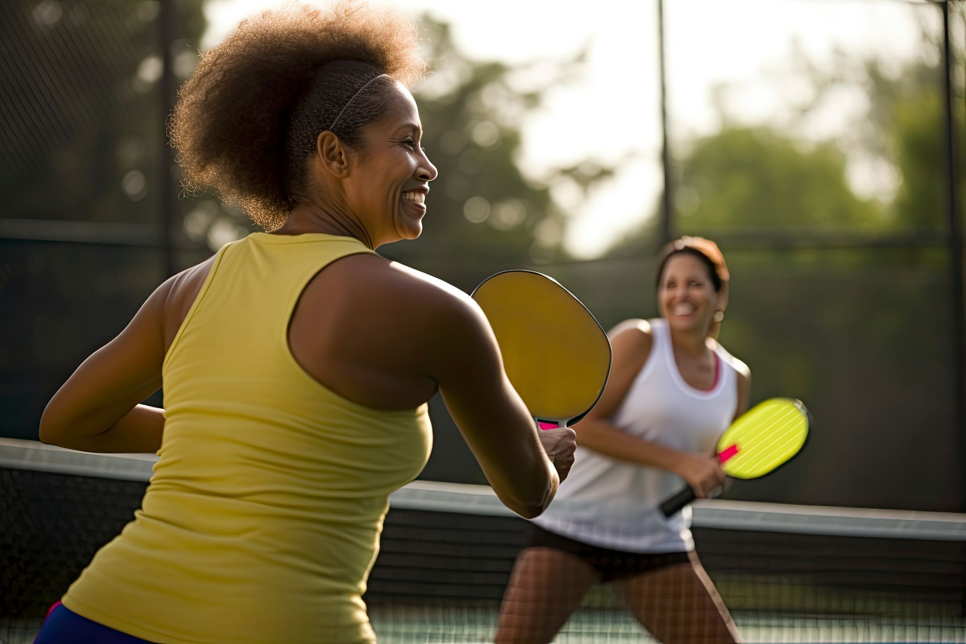 Two women are playing paddle tennis on a tennis court.