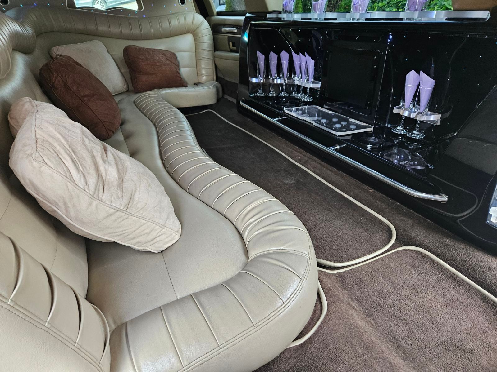 A group of people are sitting in a limousine drinking champagne.