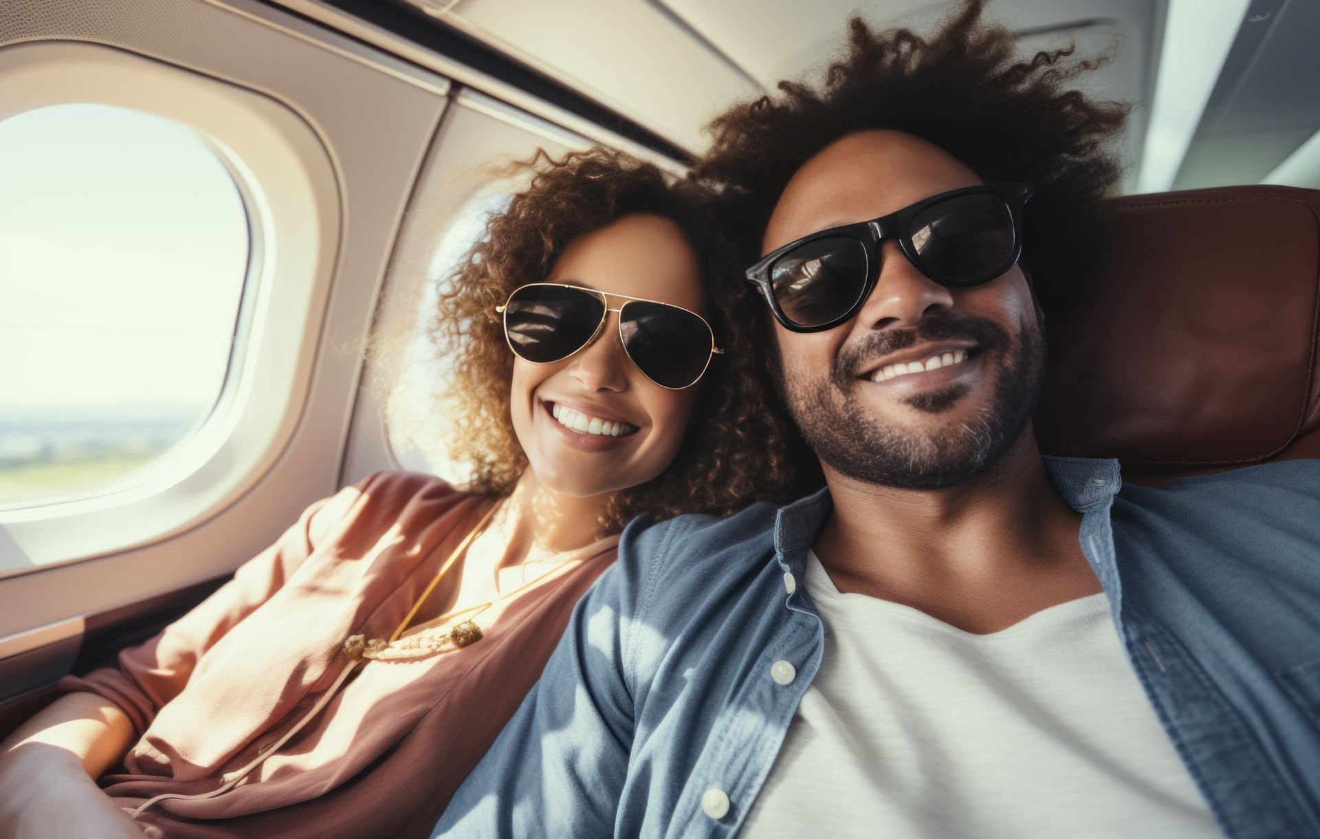 couple posing on an airplane