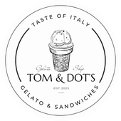 A black and white logo for tom & dots gelato and sandwiches.