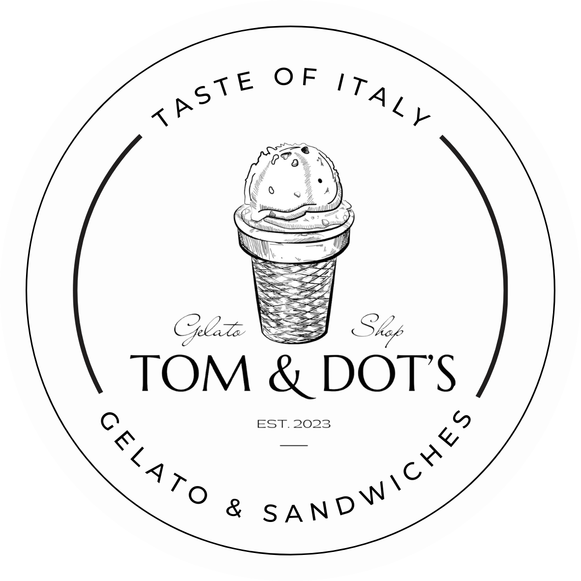 A black and white logo for tom & dots gelato and sandwiches.