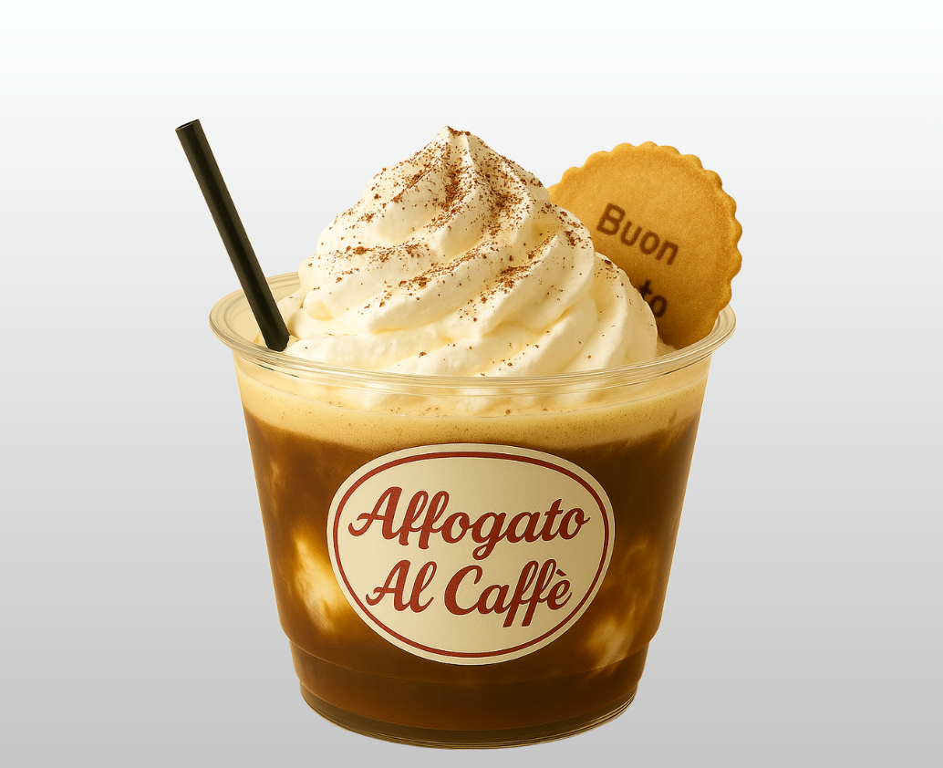 A cup of affogato al caffe with whipped cream and a cookie on top