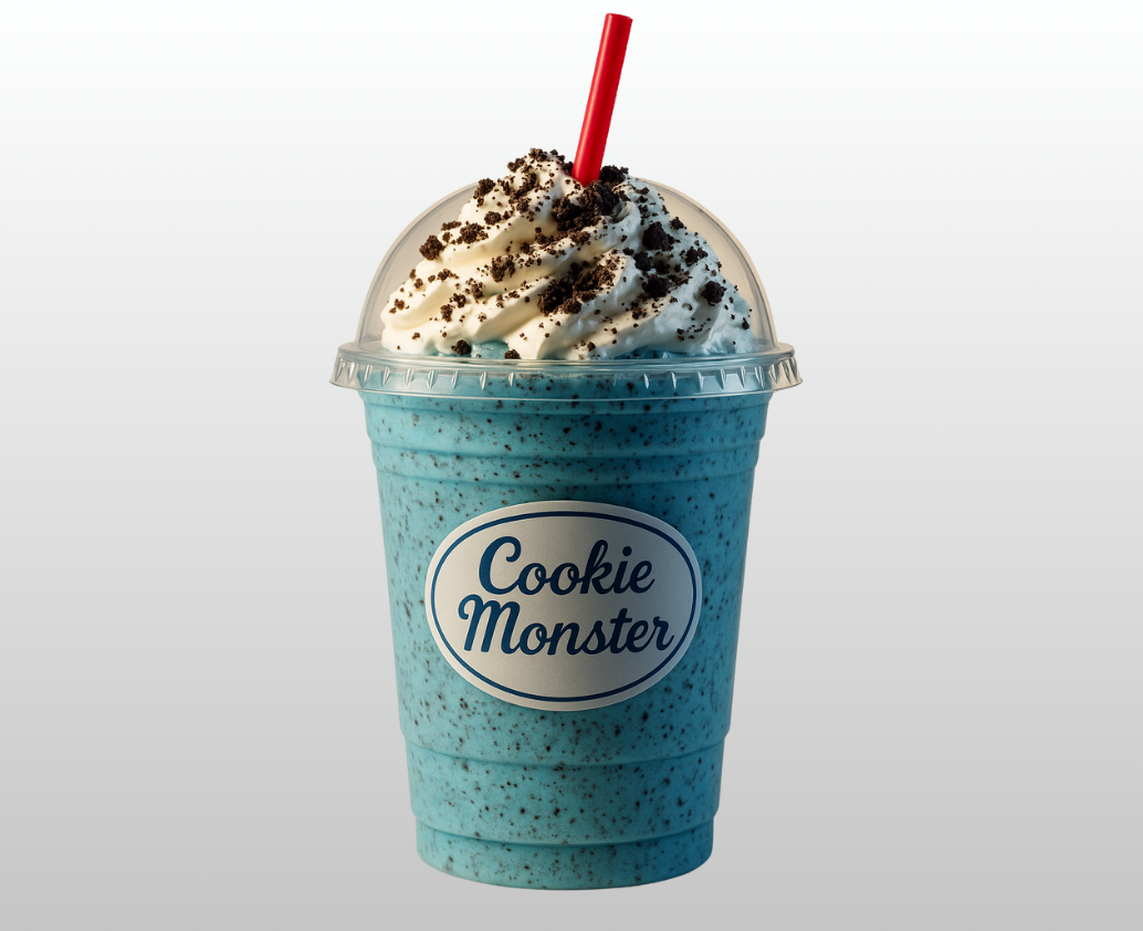 A blue cookie monster milkshake with whipped cream and crushed oreos