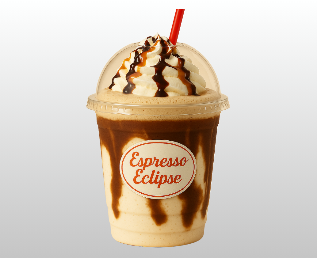 An espresso eclipse milkshake with whipped cream and chocolate sauce