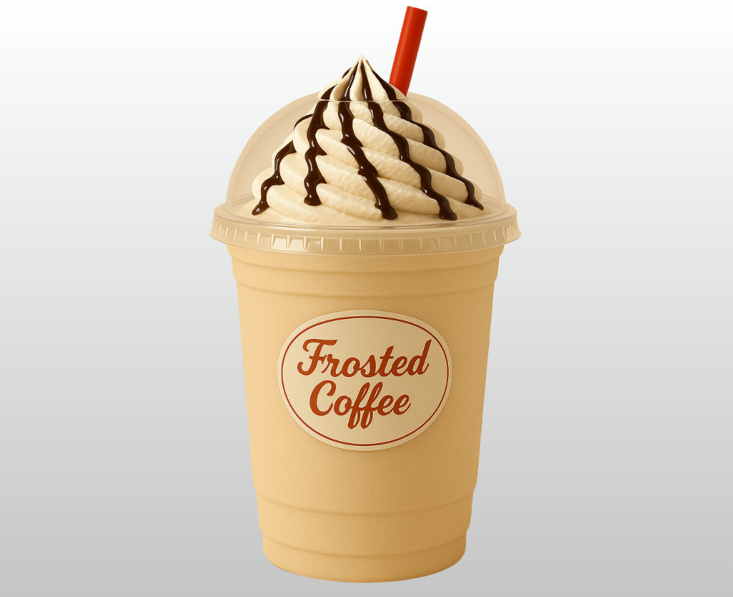 A frosted coffee milkshake with whipped cream and chocolate sauce