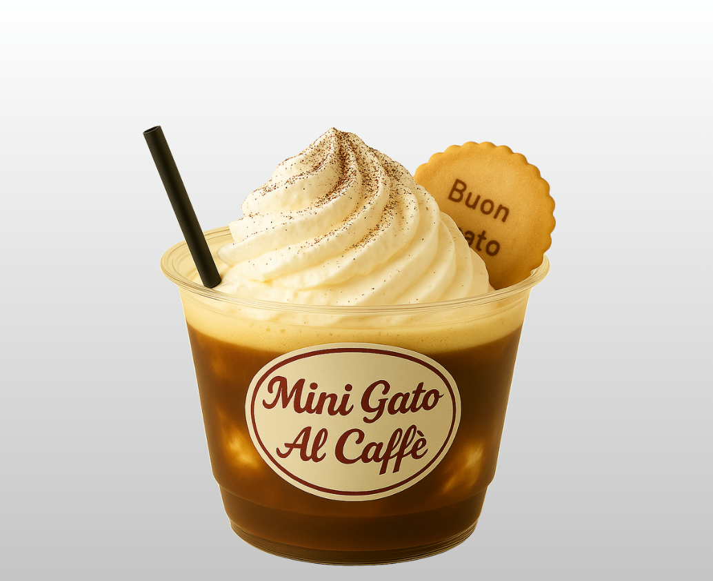 A cup of mini gato al caffe with whipped cream on top