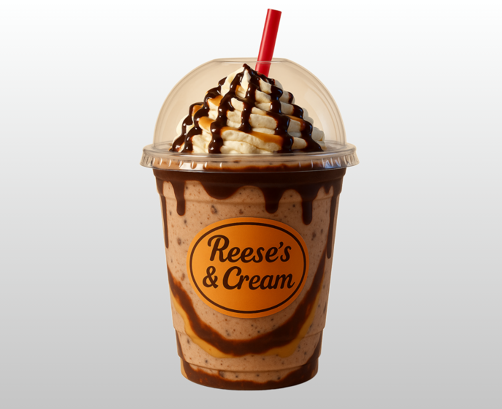 A reese 's and cream milkshake with whipped cream and chocolate sauce