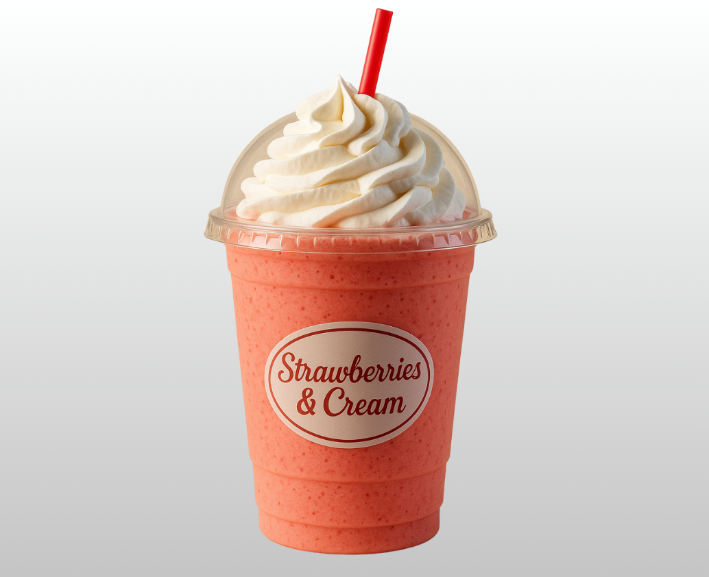 A strawberry and cream milkshake with whipped cream