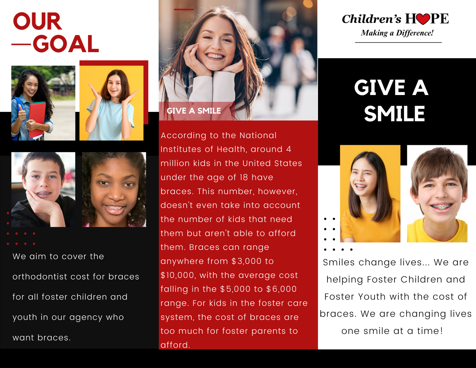 Leaps & Bounds Program brochure with photos of kids playing and contact information