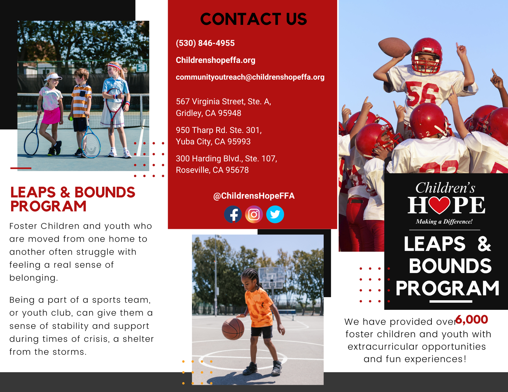 Leaps & Bounds Program brochure with photos of kids playing and contact information