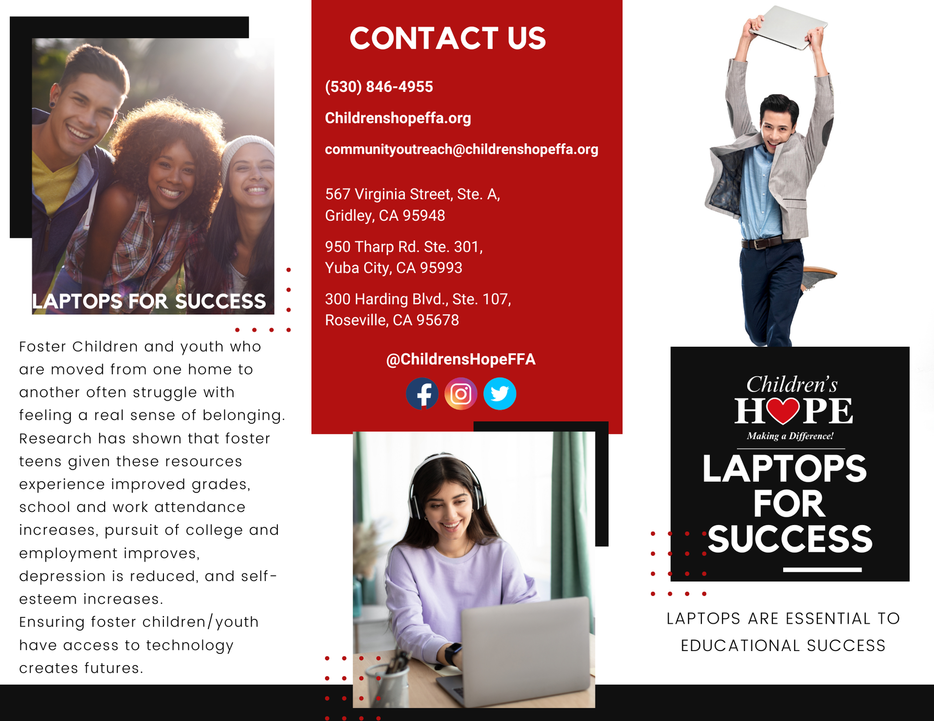 Leaps & Bounds Program brochure with photos of kids playing and contact information